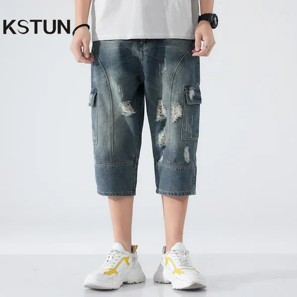 Мужские джинсы, мужские капри, укороченные брюки, темно-синие, в стиле хип-хоп, в стиле ретро, байкерские мужские боковые карманы, свободный крой 42