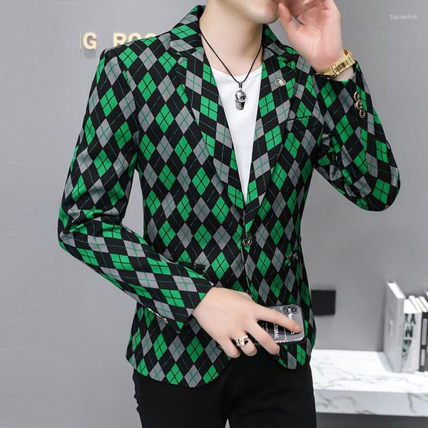 Ternos masculinos de estilo de traje xadrez verde de estilo britânico para homens moda slim boutique masculino blazer casaco primavera outono de peito simples homme