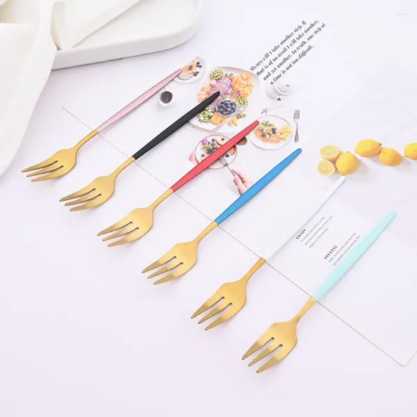 Çatal çatal paslanmaz mini set 6pcs Çay salatası için meyve çelik altın atıştırmalık küçük kek beyaz yemek takımı tatlısı