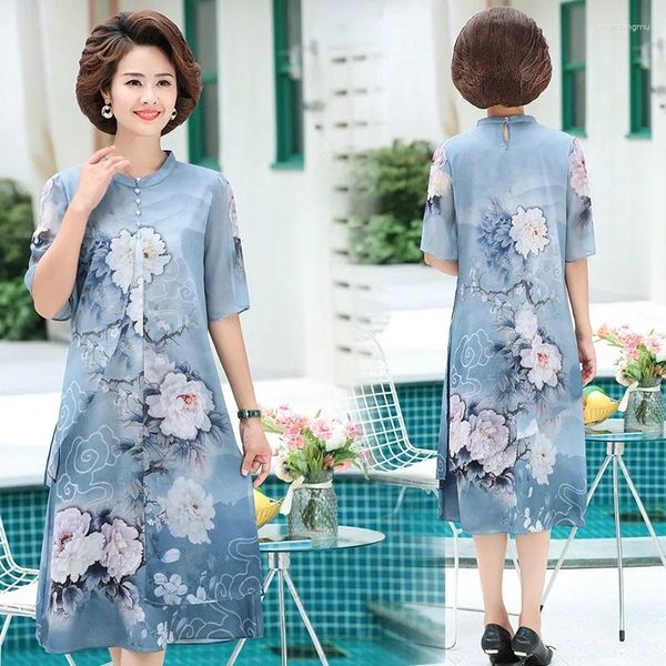 Abiti da festa Abito con stampa a inchiostro floreale Collo estivo cheongsam Donna di mezza età e vecchiaia a maniche corte in chiffon Madre elegante