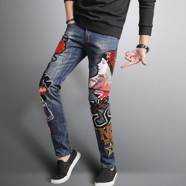 Herren Jeans Fashion Lady Printed Men Slim Straight Blau Lange Hochwertige Designer Hosen Nachtclubs Sänger Größe 29-38