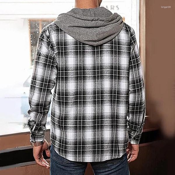 Freizeithemden für Herren, Flanell-Karohemd mit Kapuze, für Herren, Kordelzug, lange Ärmel, normale Passform, Button-Down-T-Shirt