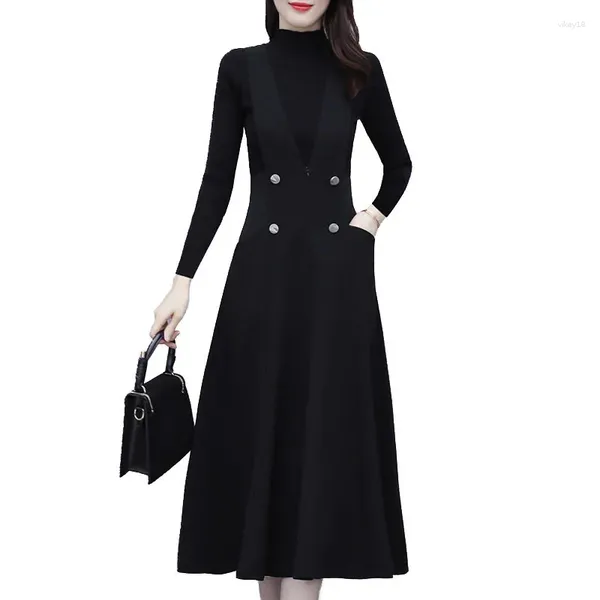 Arbeitskleider 2023 Herbst Winter Schwarzes ärmelloses Trägerkleid Zweiteilige Sets Frauenanzüge Rollkragenpullover Elastischer Pullover und Weste Maxi