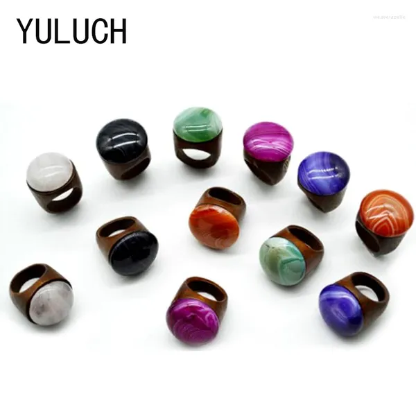 Кольца кластера YULUCH, топ, дизайн, дерево, женские и мужские украшения, волнистая вода, красочные, натуральные, креативное, гладкое кольцо с драгоценным камнем