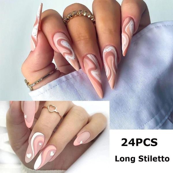 Yanlış Tırnaklar 24 PCS Manikür Mermer ve Aşk Kalp Yayınlarında Sahte Nials DIY Süper Uzun Fransız Stiletto