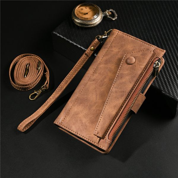 Luxus-Crossbody-Folio-Reißverschluss-Vogue-Telefonhülle für iPhone 15 14 13 Mini 12 11 Pro Max XR XS-Armband, multifunktional, mehrere Kartenfächer, Leder-Geldbörsenhalterung