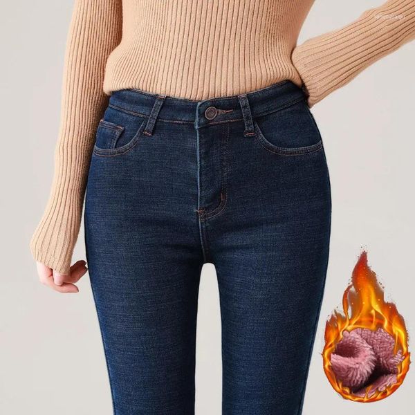 Damen Jeans 2023 Winter Frauen Warme Lamm Fleece Hosen Y2K Denim Skinny Stretch Weibliche Dicke Samt Hohe Taille Straße Leggings Hosen