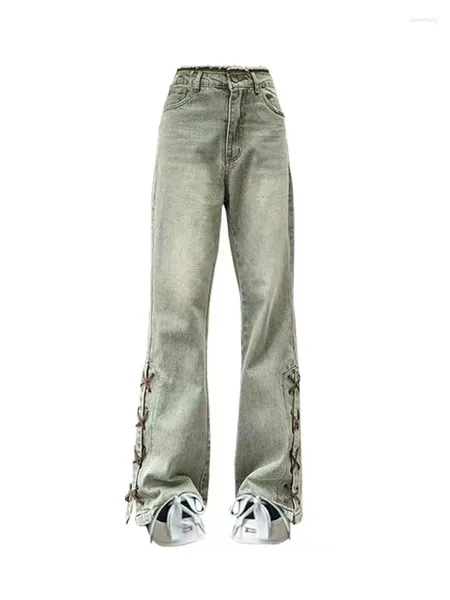 Женские джинсы Harajuku расклешенные брюки с низкой талией тонкие американские ретро расклешенные женские модные джинсовые брюки с разрезом по низу и крестообразными повязками Y2K