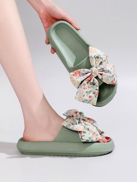 Hausschuhe Sommer Damen Eva Beach Travel Cloud Handmade Diy Antiskid Integrated Molding Green Flower Bow Shoes