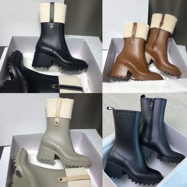 Designers mulheres botas de chuva sapatos de salto plataforma sapato pvc borracha betty beeled botas bloco salto elegante dedo do pé quadrado meados de bezerro bota de chuva loja sapatos femininos no237