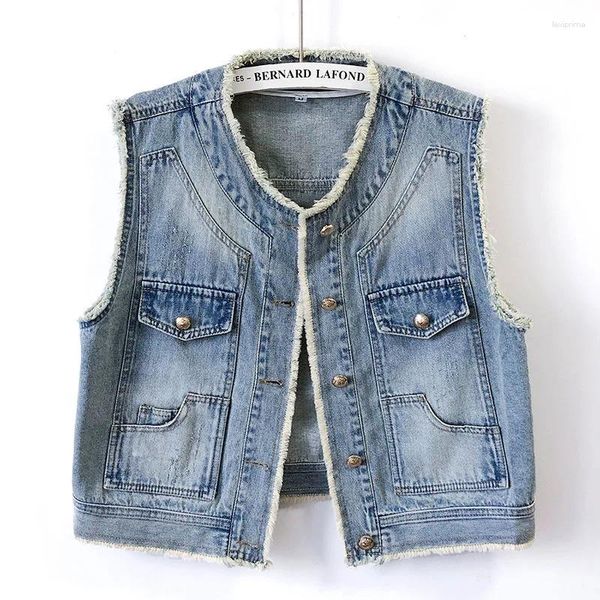 Gilet da donna 2023 Primavera Estate Vintage Blue Denim Vest Donna Breve Casual Cowboy Gilet O Collo Senza maniche Giacca di jeans Femminile