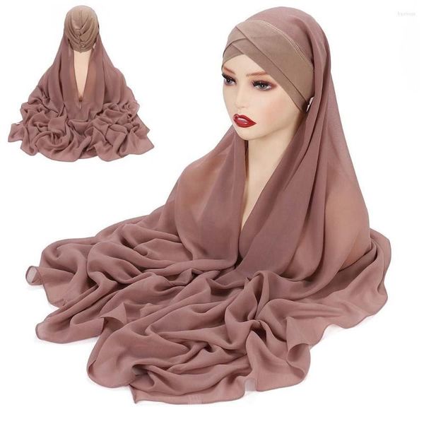 Ethnische Kleidung Instant Hijabs Chiffon Hijab Schal mit Cross Jersey Innenkappen Underscarf Bonnet Brand Design Muslim Women Headwrap