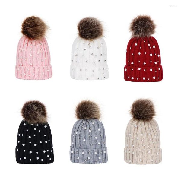 Berets Geebro Bonito Bebê Malha Ribbed Beanies Meninos Meninas Cor Sólida Quente Skullies Caps Com Pele Falso Pompom Pérola Decoração Chapéus