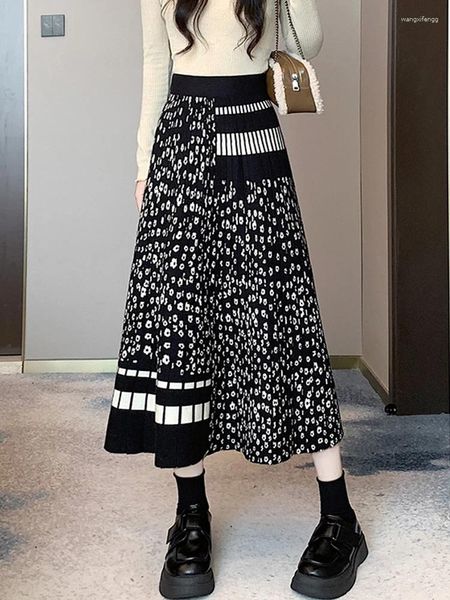 Юбки TIGENA, толстая теплая вязаная юбка для женщин, осень-зима 2023, винтажная клетчатая трапециевидная юбка с цветочным принтом и высокой талией, плиссированная миди, длинная женская юбка