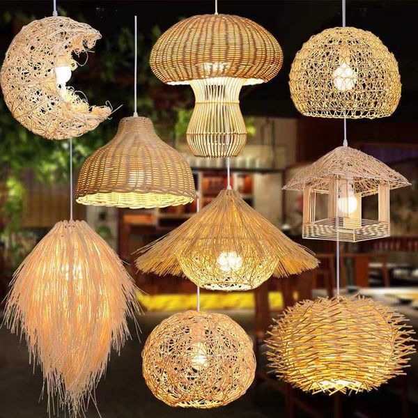 Pendelleuchten LED-Bambus-Pendelleuchte Quaste INS-Glanz Natürliches Rattan Handgemachtes Retro-Restaurant-Dekor ländliche Teestube Stroh-Kronleuchter AA230407