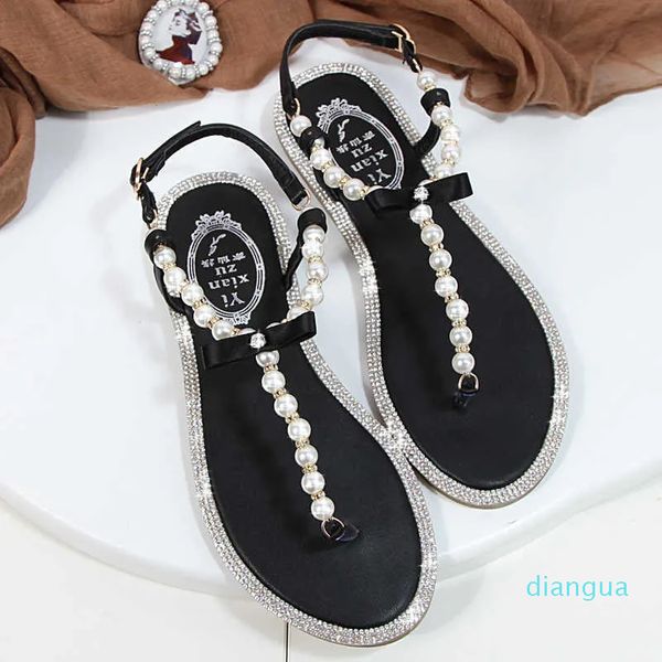 Sandali Sandali da donna 2023 scarpe estive sandali piatti di perle comode ciabatte da spiaggia con perline stringate sandali casual rosa bianco nero Y2304