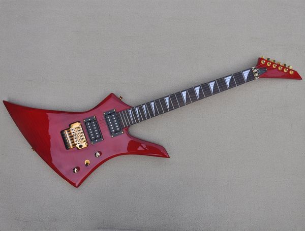 Chitarra elettrica rossa dalla forma insolita a 6 corde di fabbrica con ponte tremolo. Offerta logo/colore personalizzato