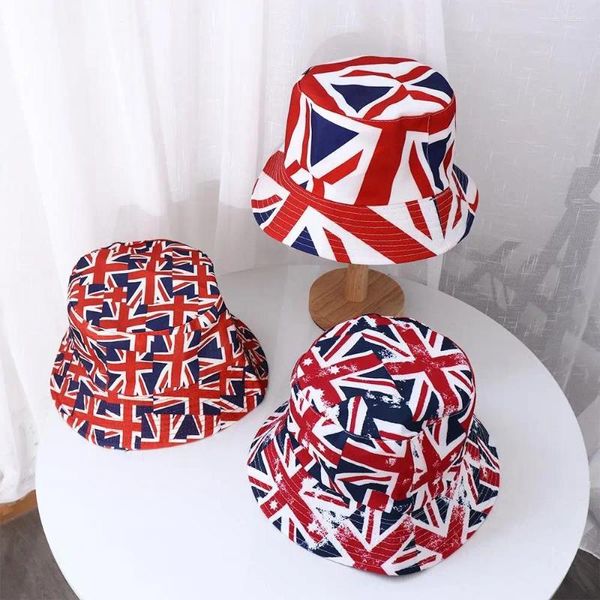 Berets Hop Outdoor Feminino Union Jack Bandeira do Reino Unido Dupla Face Listra Azul Aba Larga Panamá Cap Chapéu de Sol Balde Pescador