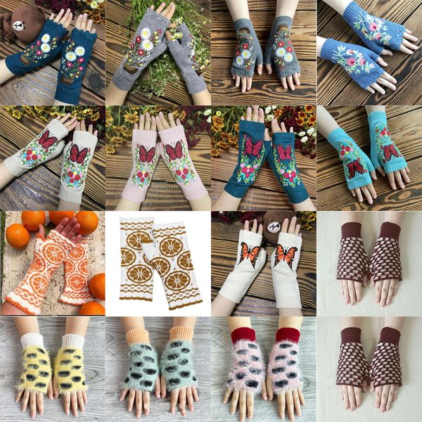 Mode Heißer Verkauf Herbst und Winter Stickerei Stickerei Roter Schmetterling Warme Gestrickte Wollhandschuhe Fingerlose Handschuhe und All-Inclusive-Handschuhe