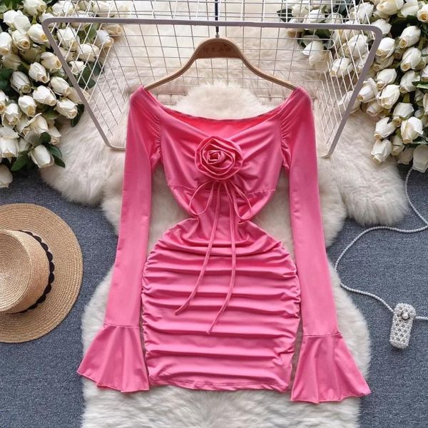 Casual Kleider Slash Neck Für Frauen 3D Blumen Lange Flare Hülse Falten Hüfte Wrap Kleid Herbst Vielseitige Weibliche Vestidos Drop