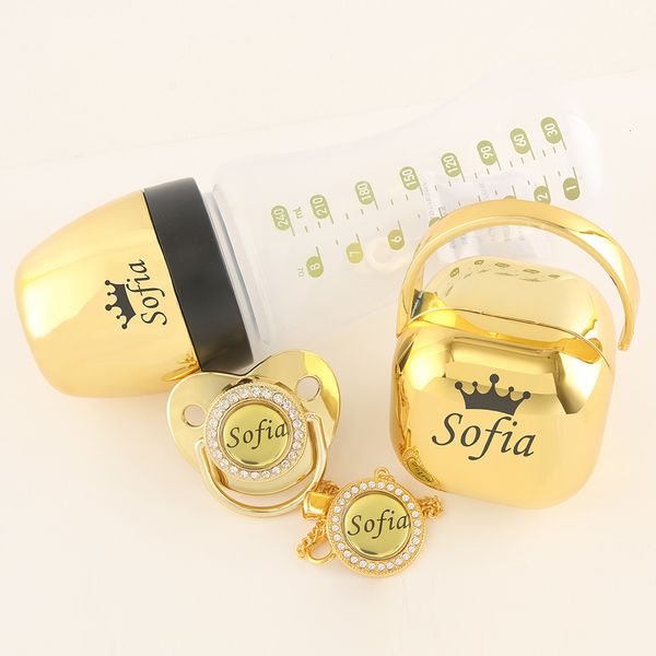 Garrafas de bebê# Luxo qualquer nome de alimentação de bebê personalizada Conjunto de alimentação dourada de ouro rosa prata mamilo com garrafa de espumante Caixa de bico espumante de aniversário 230407