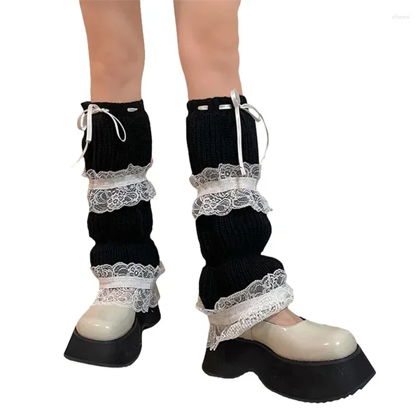 Женские носки CHRONSTYLE, вязаные ботинки в стиле Лолиты с кружевной отделкой и завязками, ботинки с манжетами, осенне-зимние теплые бахилы