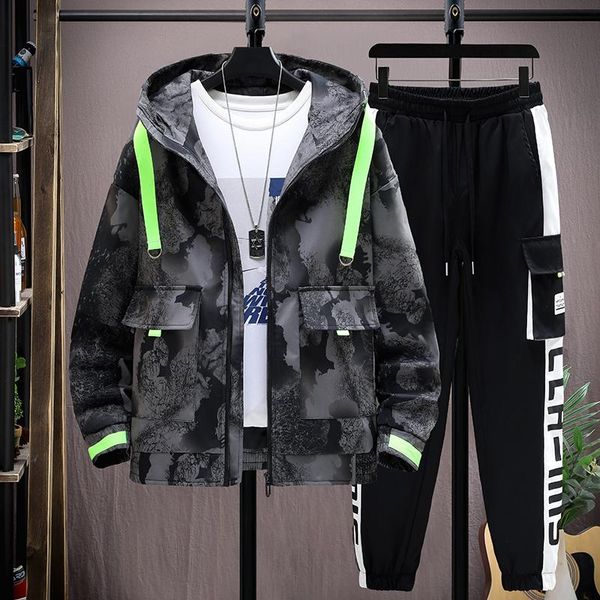 Herren Jacken Mode Sets 2023 Frühling Herbst Lässige Kapuzenjacke und Hosenanzug in voller Länge Outwear Top Jugend 2 Stück CoatTrou