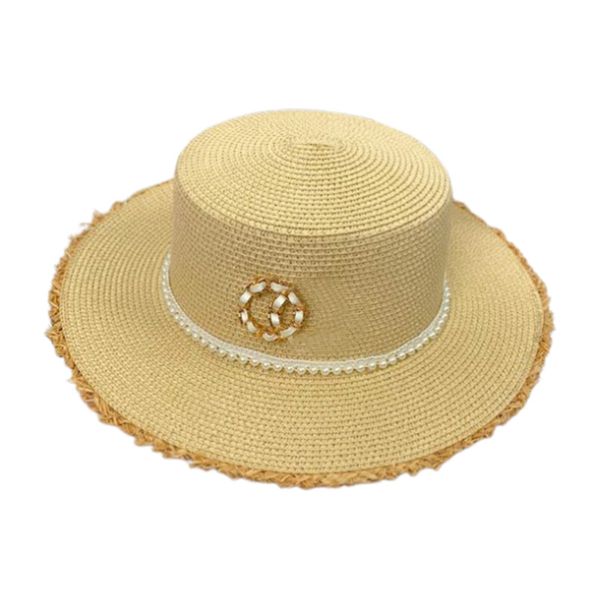 Designer Brand Casual Cappello di paglia Treccia d'erba Lettera Catena Perla Pizzo Berretto in tessuto decorativo Protezione solare da spiaggia Cappello a tesa larga da viaggio all'aperto