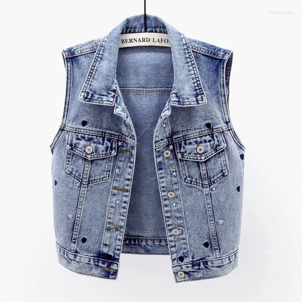 Coletes femininas primavera outono vintage azul denim colete mulheres colete solto casual curto sem mangas jaqueta bolso bordado jeans feminino