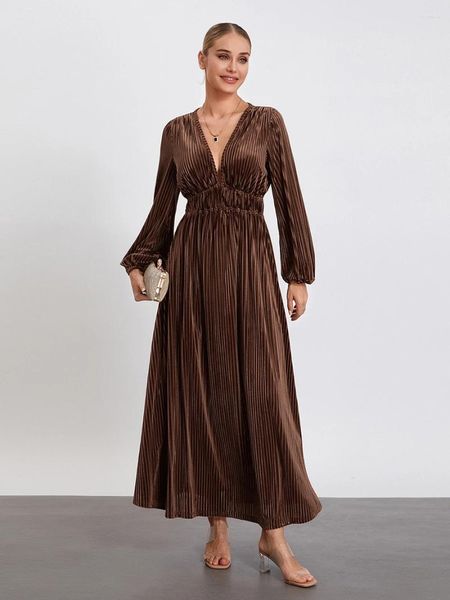 Sıradan elbiseler wsevypo kadın sonbahar kadife elbise vintage uzun kollu derin v boyun a-line akışlı zarif parti elbisesi vestidos