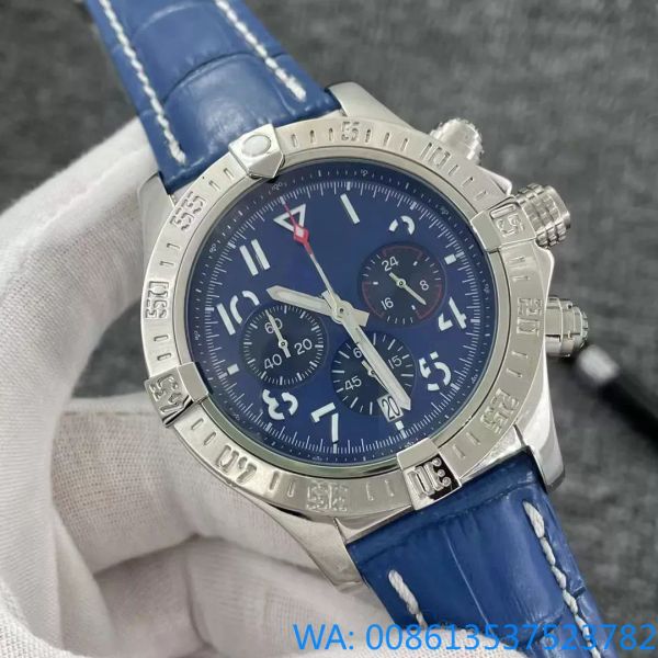 Relógio masculino luxuoso Breit com mostrador azul Japão Super Quartz Chronograph 45mm Avenger Hurricane SEA Pulseira de couro masculino AAA Relógios Hardlex vidro relógios de pulso Orologio Uomo