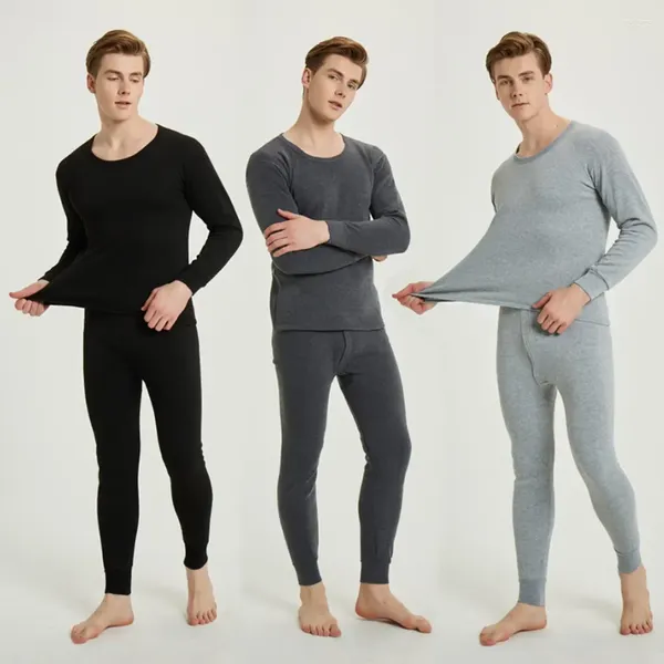 Herren-Thermounterwäsche, Herren-Set, lange Unterhosen, einfarbig, plus Samt, dick, Thermo-Herbst-Winter-Rundhalsausschnitt, warmer Bottoming-Anzug