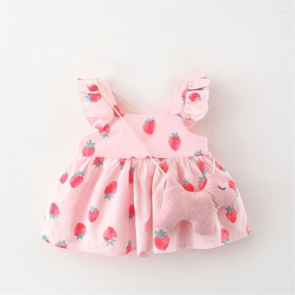 Abiti da ragazza Cute Infant Baby Girls Summer Dress Suit Casual Strawberry Print Flying Sleeves Party con Horse Bag 2 pezzi Set di abiti