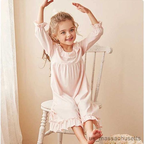 Pijamalar vintage çocuk pijama kız lolita elbise o boyun prenses pijama gece şirin pamuklu yürümeye başlayan çocuk ruffles Nightgowns 11t r231108