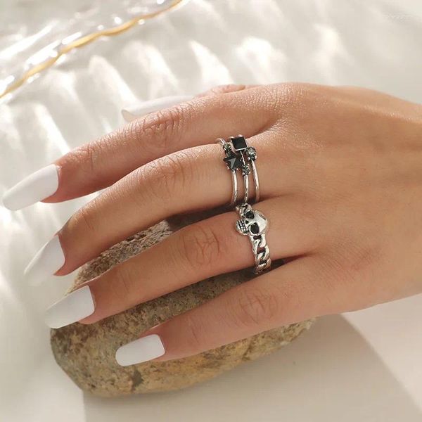 Cluster Ringe 2 teile/satz Vintage Legierung Finger Für Frauen Böhmischen Schwarz Kristall Stern Schädel Ring Geburtstag Geschenk Weibliche Party Schmuck