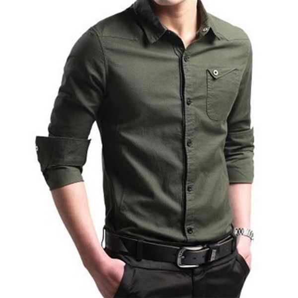 Camisas casuais masculinas Camisas masculinas Camisas casuais de negócios masculinas Famous Brand Clothing Army Green Slave Longa Camissa Masculina 230408