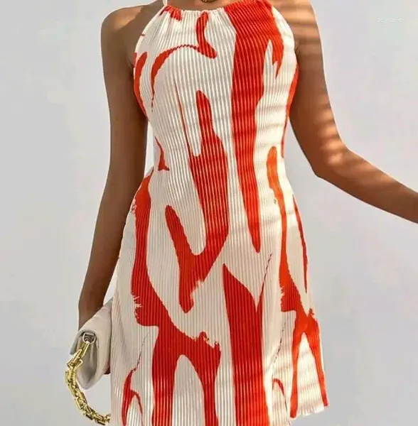 Повседневные платья женские 2023, летняя мода с принтом, сексуальное мини-платье трапециевидной формы с открытой спиной и круглым вырезом без рукавов с завязками на бедрах