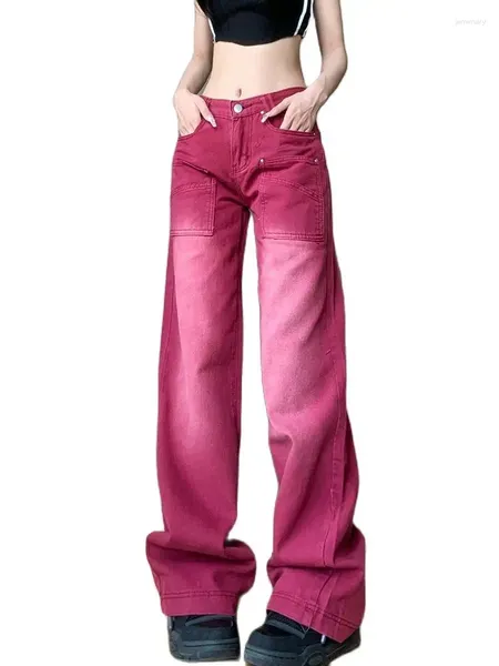 Jeans femininos americano retro y2k meninas vermelho design sentido cintura alta solta reta gota calças compridas moda