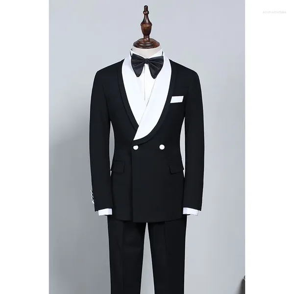 Ternos masculinos elegantes preto formal casamento conjunto completo para o noivo duplo breasted branco xale lapela 2 peça jaqueta calças em linha reta 2023