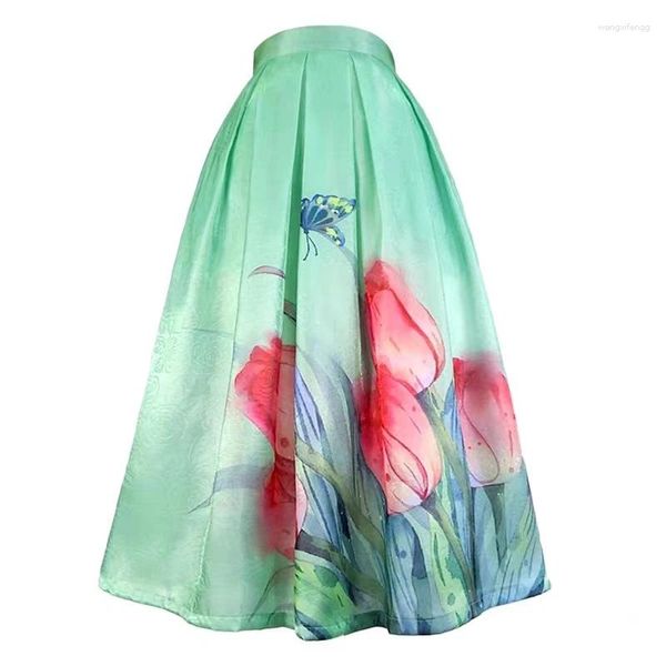 Saias 2023 verão na moda hepburn vintage estética social elegante mulher verde borboletas tulipas imprimir cintura alta longa saia plissada