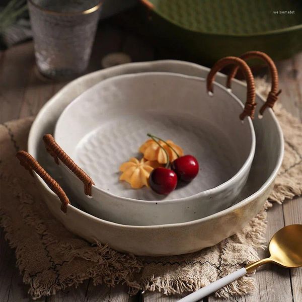 Plakalar 1pc Japon Kaba Pottery Dokuma Halat Çift Kulak Sepet Derin Tabak Ev Mutfak Restoran Salonu Salata Meyve Tabloları