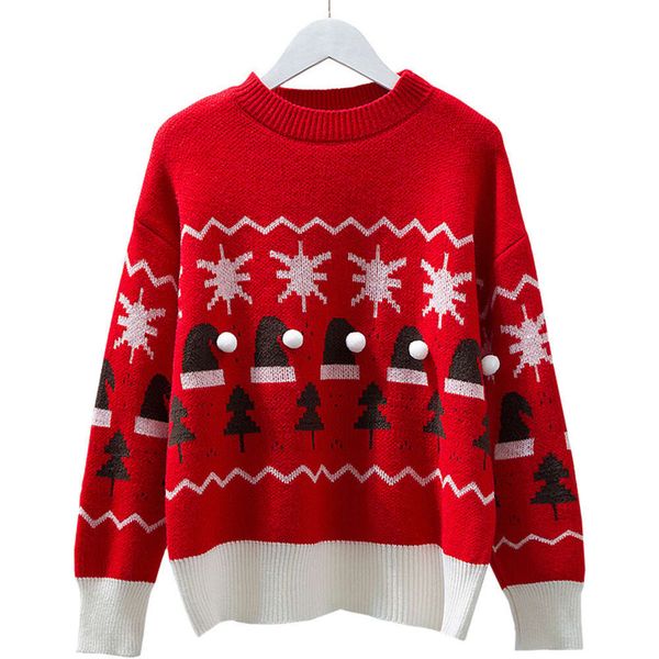 Рождественский свитер 2023, осенне-зимний короткий свитер, женский милый ленивый свободный свободный пуловер с круглым вырезом, красный вязаный