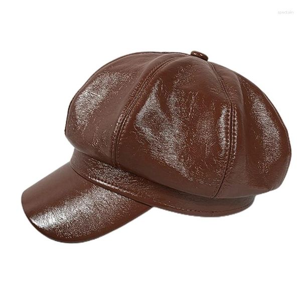 Berretti 652F Donna Vintage Ecopelle Lucido Tinta unita 8 Pannelli Pittore Tempo libero Cappello ottagonale Cabbie Sboy