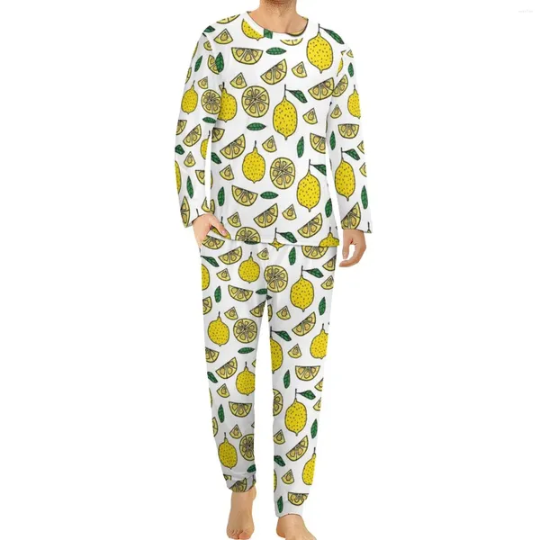 Pijamas masculinos limão pijamas inverno 2 peças comida fruta folha na moda conjuntos de pijama homem manga longa design estético tamanho grande