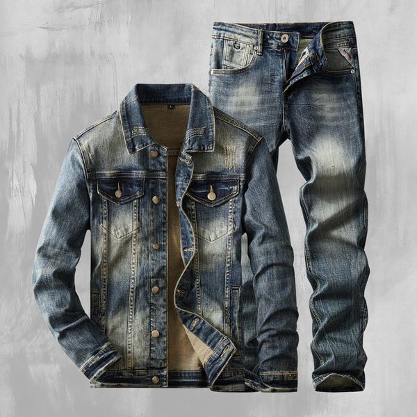 Clássico simples masculino jeans terno retro azul manga longa denim jaqueta e calças conjunto de 2 peças outono inverno estilo americano sim ajuste streetwear