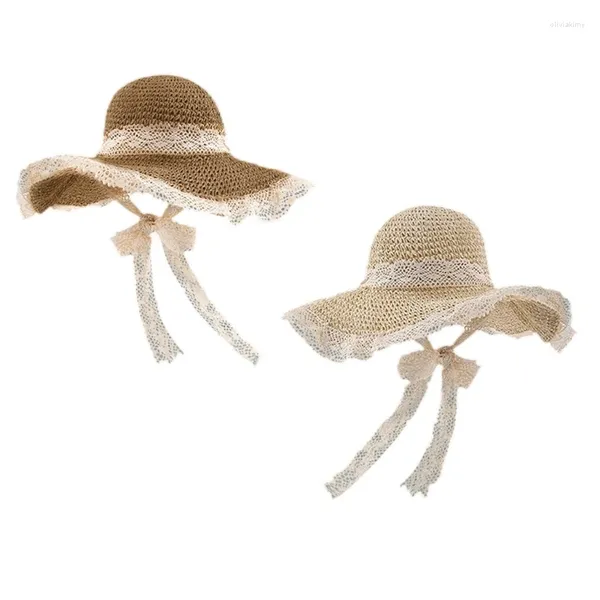 Boinas Big Floppy Hat Womens Wide Brim Straw com Chin Strap Beach Atacado