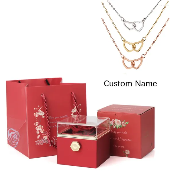 Мешочки для ювелирных изделий 2023, подарок на День святого Валентина, на заказ для женщин, двойное сердце, выгравированное имя, стальное ожерелье, коробка с вечной розой, обручальное кольцо