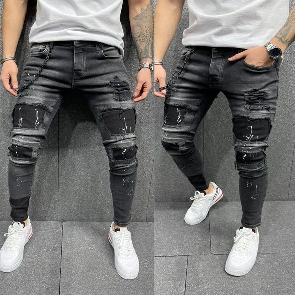 Calças de brim masculinas homens elegante rasgado lápis magro streetwear masculino hip hop buracos estiramento magro denim calças preto vintage moda calças