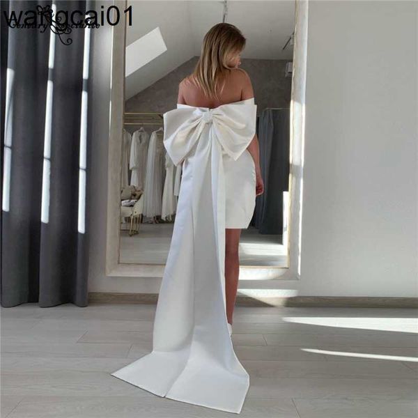 Partykleider Satin Brautkleider kurz mit abnehmbarer großer Schleife schulterfrei einfaches Brautkleid Strand Brautkleider Robe De Mariee 2023 0408H23