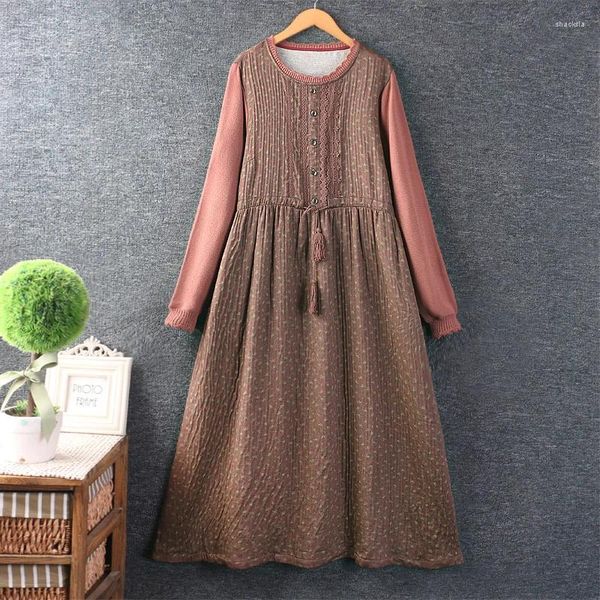 Casual Kleider Herbst Frauen Süße Rundhals Baumwolle Leinen Blumen Kleid Patchwork Gestrickte Lose Midi